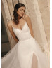 Beaded Spaghetti Straps Ivory Eyelash Lace Tulle Slit Wedding Dress